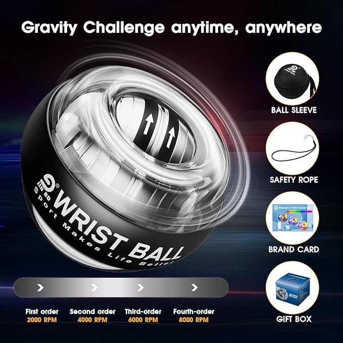 JIN BD Wrist Trainer Ball Auto-Start Gyroscopic Forearm Exerciser Gyro Ball for Strengthen Arms, Fingers, Bones and Muscles(Black Wrist Ball (No Light))