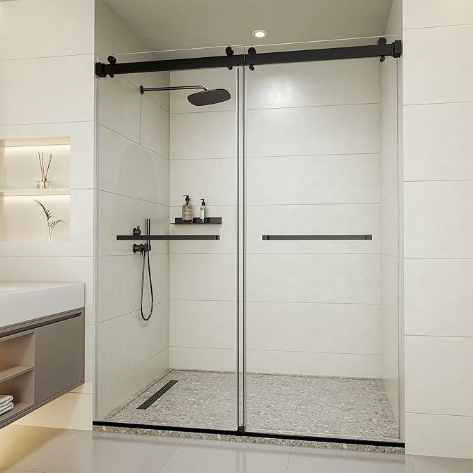 56-60" W x 72" H Frameless Shower Door, Double Sliding Glass Shower Door with 5/16" (8mm) Clear SGCC Tempered, Roller Disc System, 304 Stainless Steel (Matte Black, 56-60" W*72" H)