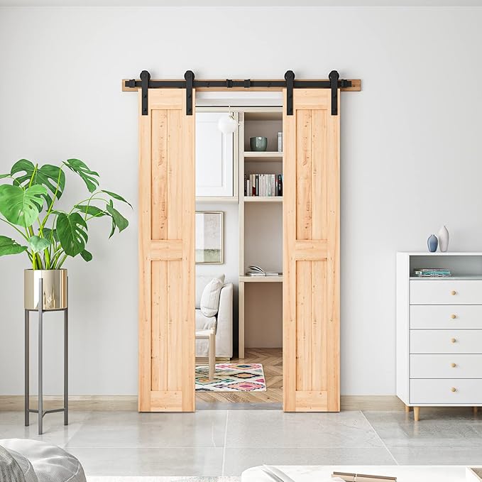 SMARTSTANDARD 5FT Heavy Duty Double Door Sliding Barn Door Hardware Kit,Smoothly and Quietly-Easy to Install-Includes Step-by-Step Installation Instruction Fit 15" Wide Door Panel