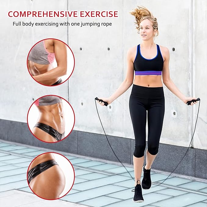 Jump Rope for Fitness, Adjustable Speed Jump Rope with Ball Bearings, Tangle-Free Skipping Rope for Women Men Kids, Durable Steel Cable with Soft Foam Handles for Cardio Workout, Weight Loss & Home Gym Exercise