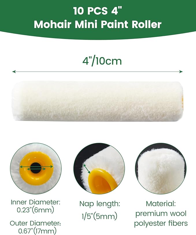 Voomey Mohair Mini Paint Roller, 4 Inch Wool Blend Small Paint Roller Covers 10 Pack, Paint Roller 4 Inch for Cabinets, Trim, Skirting Boards, Tables & Chairs, Suitable for All Paints