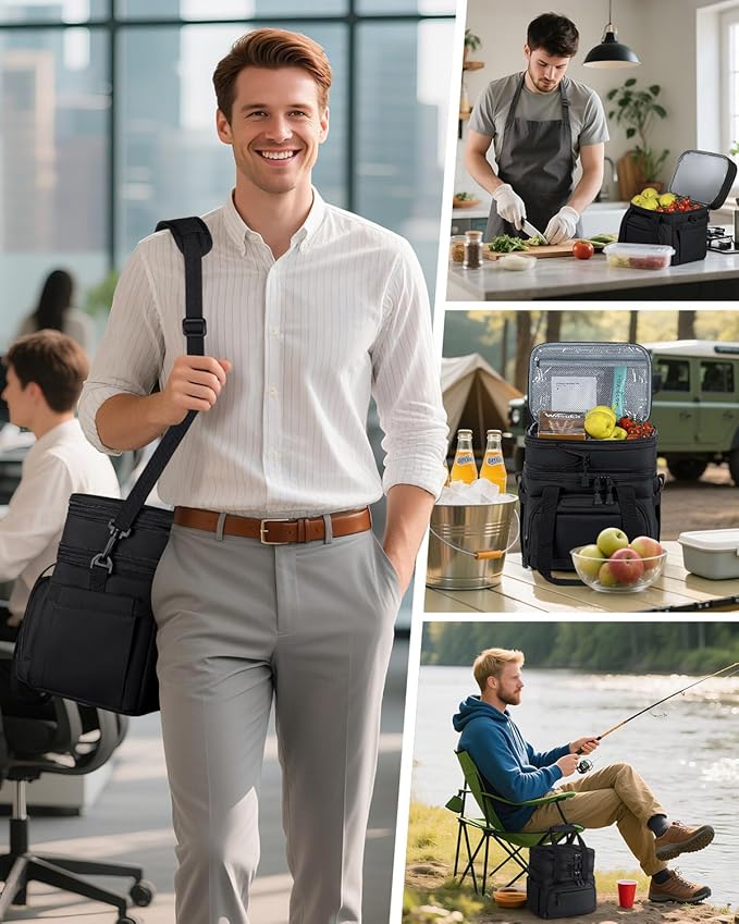 Large Lunch Box for Men Work - 24 Can Expandable Insulated Lunch Bag Double Deck, Heavy Duty Leakproof Cooler Bag with Shoulder Strap for Construction Office Outdoor, Black 14L