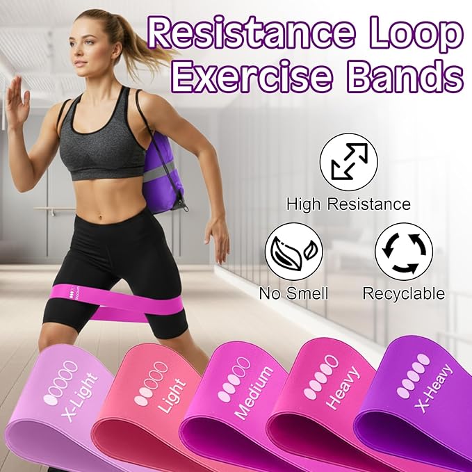 Sratte 120 Pcs Workout Loop Resistance Bands Bulk, Gym Elastic Bands Set for Fitness Sport Class Students Members Gift Physical, 5 Pieces Each Set, with Large Drawstring Backpack Bags