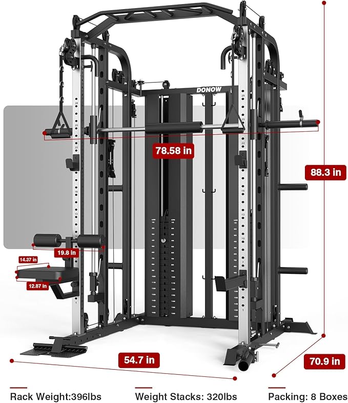 DONOW Smith Machine with Weight Stacks, Multi Function Home Gym System Training Power Cage Squat Rack Dual Cable Crossover Machine All in One