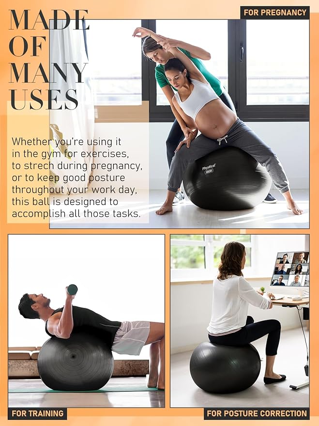 PhysKcal Yoga Ball for Exercise, Pilates Set, 4 Sizes Fitness Ball for Workout, Birthing, Pregnancy, Physical Therapy- Pump Included