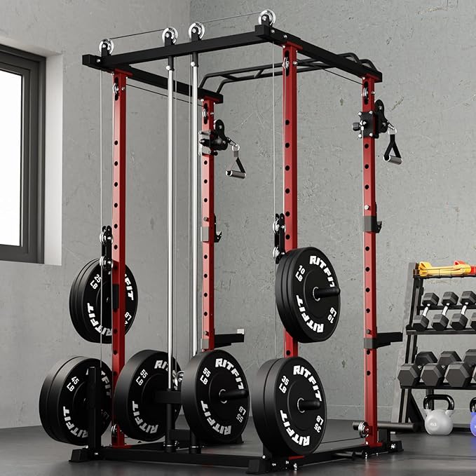 RitFit Multi-Function Garage & Home Gym Package Includes 1200LBS Power Cage PPC03/P3 with Cable Crossover System, Weight Bench, Olympic Barbell Weight Set, Full Body Workout