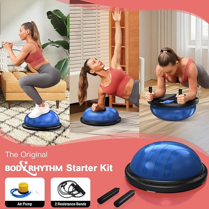 BODYRHYTHM 2 in 1 Balance Ball & Plank Board Trainer with Free iOS/Android App & 4 Free Games for Full Body Workout - Half Exercise Yoga Ball Trainer with 2 Bands & Pump for Strength Training