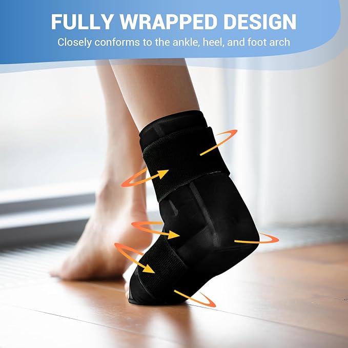 Comfytemp Ankle Foot Ice Pack Wrap for Plantar Fasciitis Relief, Ankles Brace for Sprain, Heel Spur, Swelling, Achilles Tendonitis, Cold Bag for Injuries Reusable, Hot Cold Compress, 1 Pack (Black)
