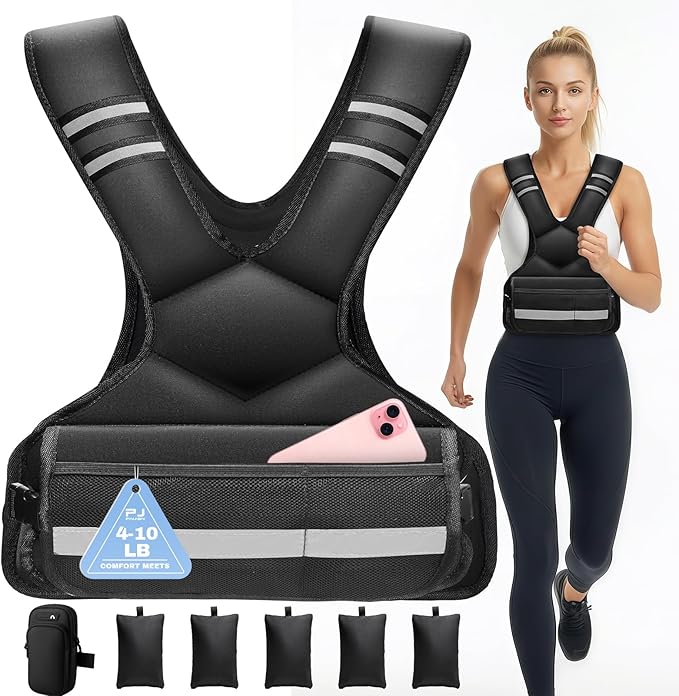 Adjustable Weighted Vest for Men and Women,4-10lb Variable Body Weight Vest for Home Workouts, Running, Rucking, HIIT & Strength Training, Removable Ironsand Weights, Reflective & Pockets