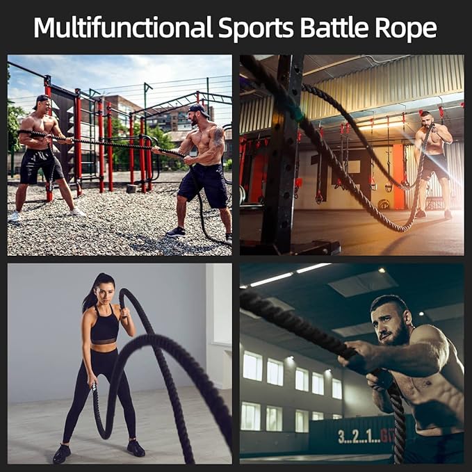 Max4out Battle Ropes 1.5 inch 30 ft - Polyester Workout Rope Heavy for Home Body Workouts Building Muscle, Black