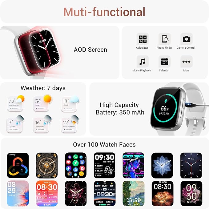 Tensky Smart Watch for Men/Women iPhone & Android, 1.85" AMOLED Screen Fitness Tracker with Bluetooth Call, 3ATM Waterproof 24/7 Heart Rate/Sleep/SpO2 Monitor, Pedometer, 100+ Sport Modes, White