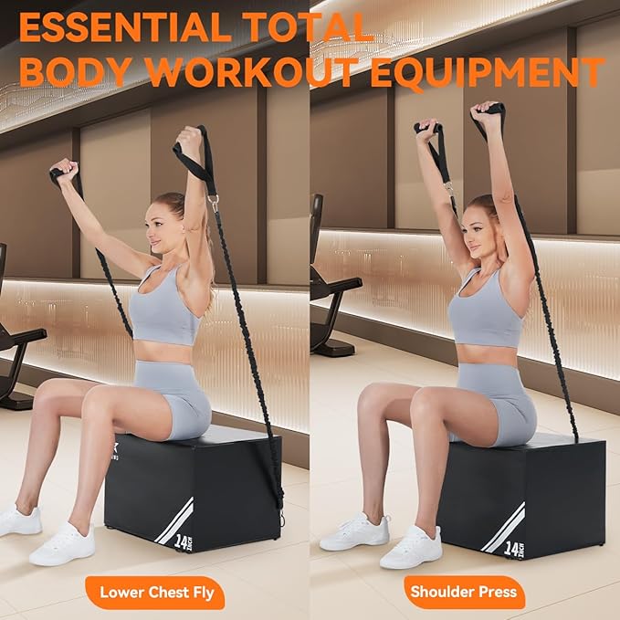 SEWD 3-in-1 Foam Plyometric Box, High Density Exercise Platform, 14-inch Multi-Functional Workout Box with Resistance Bands, Exercise Handle and Ankle Strap.