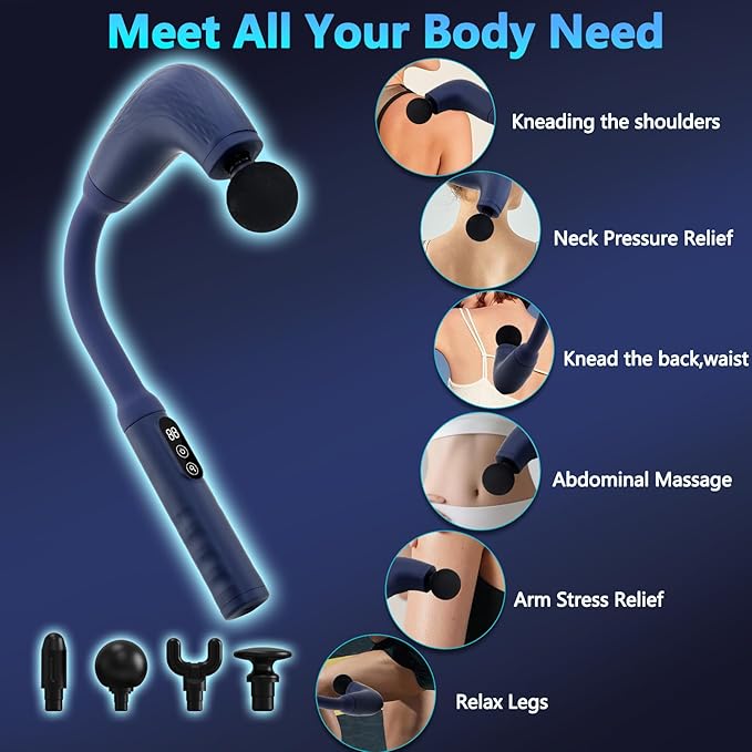 UFFAE Massage Gun with Upgraded Extension Handle, Back Massager for Pain Relief Deep Tissue, Muscles/Neck/Shoulders/Waist/Legs Massager with 4 Massage Heads & 6 Speed Levels & 3 Massage Modes, Blue