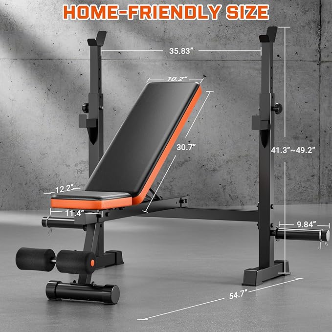 Fostoy Adjustable Weight Bench with Squat Rack, 770lbs Heavy Duty Olympic Bench Press for Home Gym, Multi-Function Flat Incline Workout Bench Family Strength Training With Removable Foot Catch
