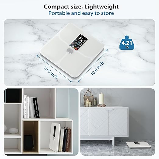 ABLEGRID Body Fat Scale,Digital Smart Bathroom Scale for Body Weight, Large Color Display Screen, 22 Body Composition Metrics BMI, Water Weigh, Heart Rate, Baby Mode, 400lb, Rechargeable (White)