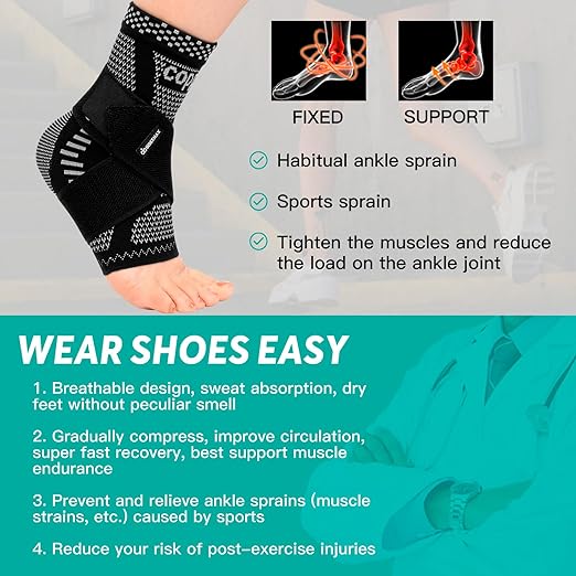 INDEEMAX Ankle Brace for Sprained Ankle Compression Sleeve, Copper Infused Ankle Support Brace for Women & Men, Plantar Fasciitis Relief Achilles Tendonitis, Sports Running, Silver Black, L