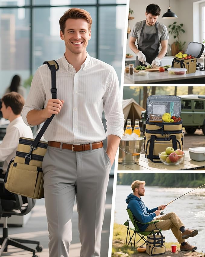 Large Lunch Box for Men/Women Dual-Compartment Insulated Lunch Bag,Adults Expandable Leakproof Cooler Bag Lunch Tote with Adjustable Shoulder Strap for Work Camping Picnic,Khaki 24-Can(14L)
