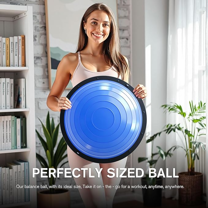 Half Balance Ball Trainer - 23 Inch Half Exercise Ball for Workout, Physical Therapy, Yoga, Home Gym, Core Strength, Stability, Fitness, Balance Training Equipment with Resistance Bands, Foot Pump