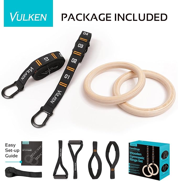 Vulken Wooden Gymnastic Rings with Adjustable Numbered Straps. 1.1'' Olympic Rings for Core Workout and Bodyweight Training. Home Gym Rings 1600lbs with Workout Handles