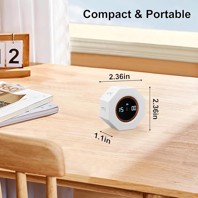 Small Rechargeable Pomodoro Timer, Gravity Sensor Auto-Rotating 7 Preset Times (1/3/5/15/30/60/90 min) & Count Up Mode, Digital Kitchen Timers for Cooking, Work and Study (Pearl White)