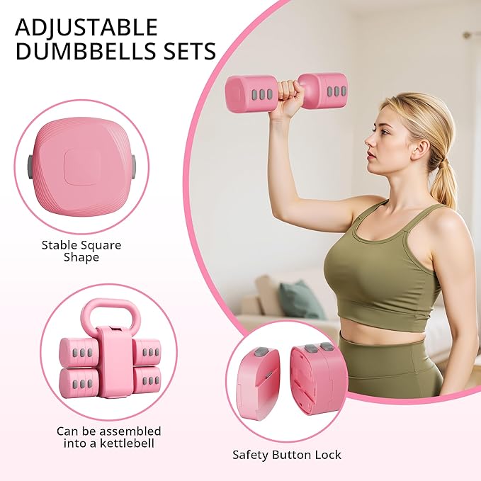 2-in-1 Adjustable Dumbbell Set for Women - 4 Levels (2.2lbs to 12.1lbs) - Home Gym Weights for Women at Home - Fitness Dumbbells
