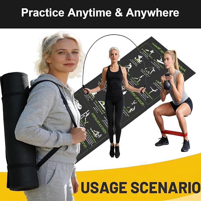 Lightweight and Portable Yoga Mat - Non-Slip Exercise Mat with Printed Yoga Poses for Pilates, Workout & Stretching - Includes Resistance Bands and Weighted Jump Rope - Home & Gym Use