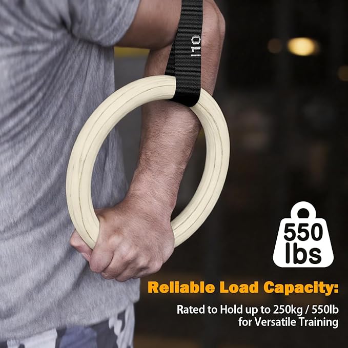 32mm Wooden Gymnastic Rings with Quick-Adjust Numbered Straps for Enhanced Workout Control, Designed for Strength Training, Home Gym, Calisthenics & Travel Fitness