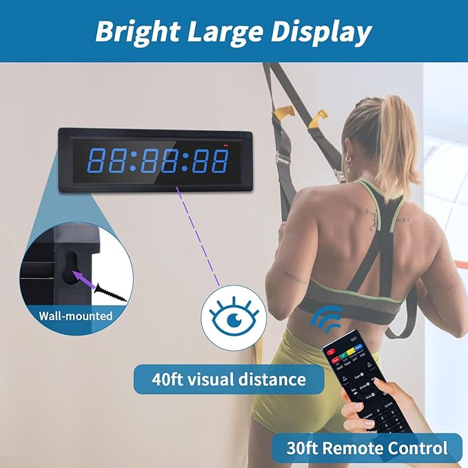 Gym Timer Clock with Remote Control & Push Button,7 RGB Color, Programmable Interval Timer, Countdown/Up Stopwatch,Wall Clock for Home Gym Garage,Portable Training Accessories(Plug-in)