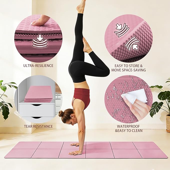 Foldable Yoga Mat Thick Non-Slip Exercise Mat - Packable Travel Fitness Mat with Carrying Bag for Yoga, Pilates, Workout, Home & Gym