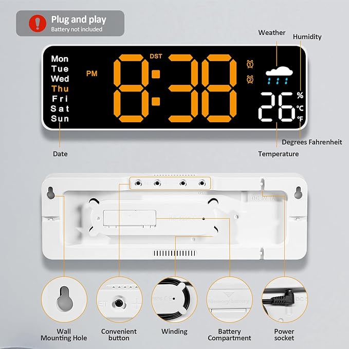 Digital Wall Clock, 12" Digital Clock with Remote Control, Date, Week, Temp, Humidity, DST, Timer, Auto-dimming for Living Room Classroom Gym Church Shop Garage