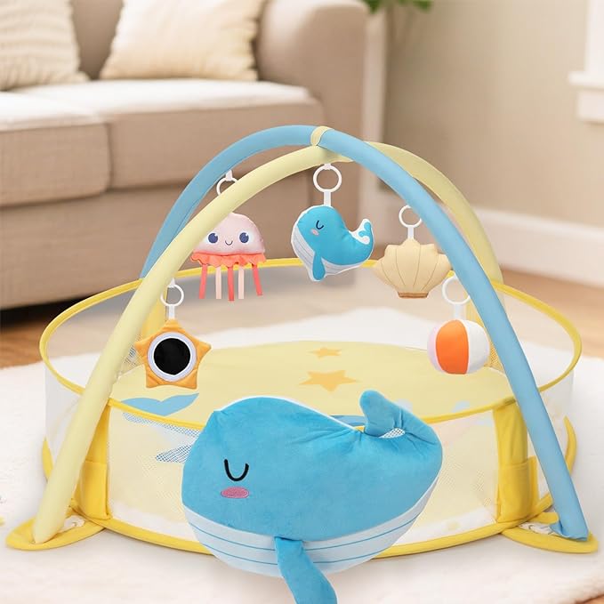 7-in-1 XL Large Baby Play Gym Mat, Tummy Time Mat, Baby Gym & Ball Pit, Baby Activity Mat with Milestone Cards & 6 Detachable Toys for Sensory Motor Skill, Whale