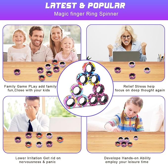 Cevioce Easter Basket Stuffers for Teens Boys Girls 9Pcs Magnetic Rings Fidget Toy Set, ADHD Anxiety Magnetic Fidget Toys Adults Fidget Spinner Rings for Relief, Easter Gifts for Kids 8+ Year Old C