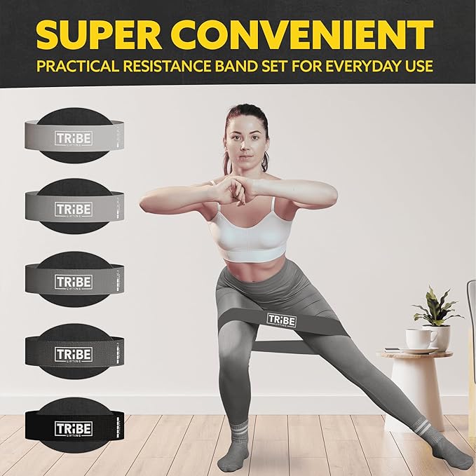 Tribe Lifting Fabric Resistance Bands for Working Out - 5 Exercise Bands Set for Legs and Glutes - Booty Bands for Women and Men - Thick Cloth Workout Bands for Physical Therapy, Hip Training