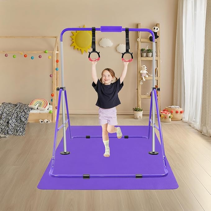 YEEGO DIRECT Gymnastics Bar for Kids with Rings, Folding Gymnastics Bars Horizontal Bar for Kids Ages 3-10, Expandable for Home Training Kids Gifts for Girls Boys