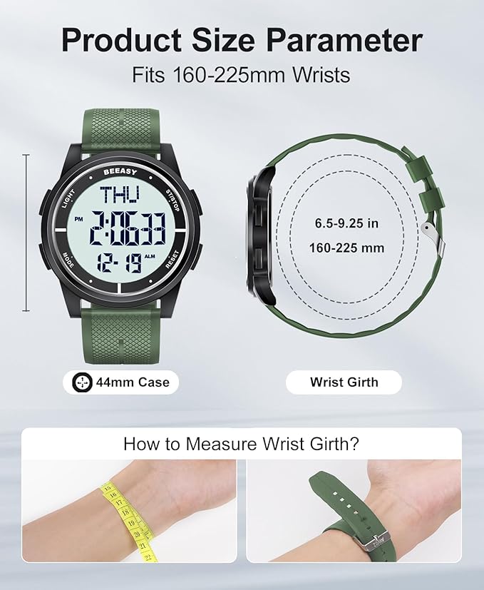 Beeasy Digital Watch for Men Women, 50M Waterproof, Ultra-Thin & Lightweight, 44mm Silicone Sports Watch with Alarm, Stopwatch, Countdown, Ideal for Gym, Running, School, Daily Wear