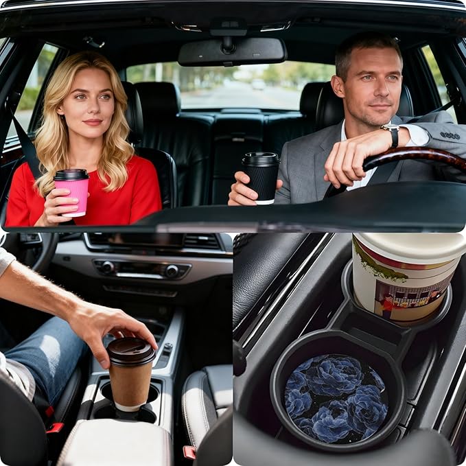 Car Cup Holder Coasters, 2 Pcs Ceramic Coasters with Finger Slot and Cork Back, Anti-Slip Shock Absorbing Women and Men Universal Car Accessories - Dreamy Flower