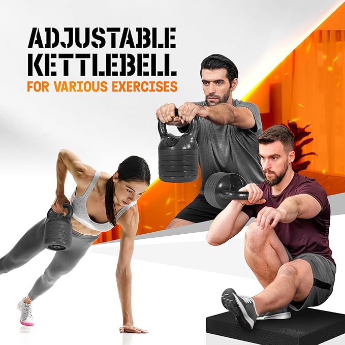 Yes4All Adjustable Kettlebell Set, 20–40 LB Weight Set, Solid Cast Iron Handle with Spacer Disks & Secure Lock, Space-Saving Kettlebell for Home Gym Strength Training, Black