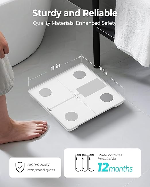 Ovutek Smart Body Fat Scale with 14 Body Composition Metrics Including BMI, Muscle Mass, Weight Bathroom Scale with Color-Changing, Fitness App - Flash White