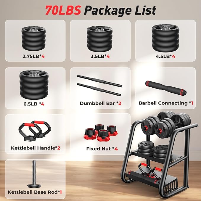 Adjustable dumbbell set,20/35/45/55/70/90lbs Free Weights set with upgraded nut, 5 in 1 Weight Set Used as Kettlebells, Barbell, Push up Stand, Fitness Exercise for Home Gym Suitable Men/Women