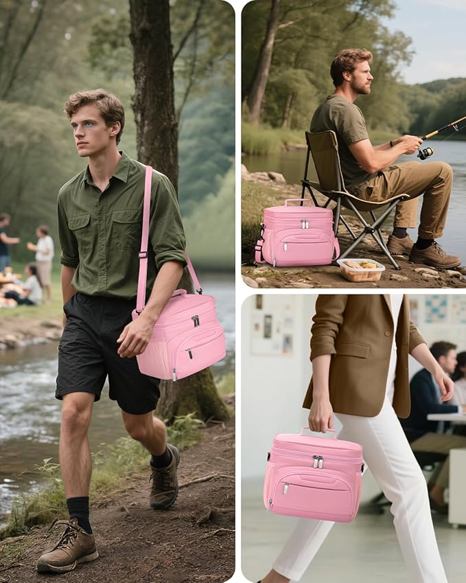 Lunch Boxs for Women/men Insulated Lunch bag,Leakproof Lunchbox with Adjustable Shoulder Strap for Adults,Soft Cooler Tote Bag for Office Fitness Picnic Beach Travel - Pink 12-Can(8L)