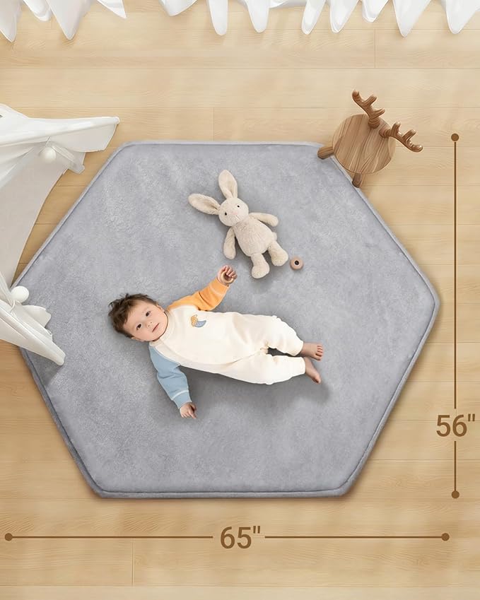 Thick Hexagon Playpen Mat,65x56 Inch Baby Play Mat for Floor,Soft Support & Plush Feel Foam Mats Play Tent Mats for Infant,Kids,and Toddler Crawling,Non-Slip Back for Indoor Playhouses(Light Grey)