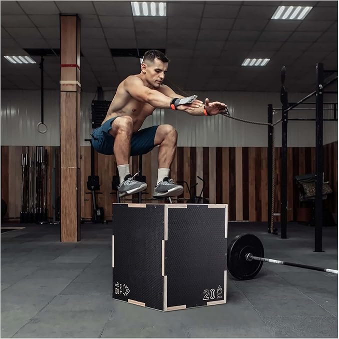 Plyometric Jump Box, 20/18/16 Inch Wooden Plyo Box - 3-in-1 Fitness Step Platform for Agility, Strength, Home Gym Training - Black
