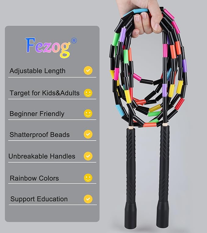 2 PACK 16.5FT Double Dutch Jump Ropes for Adults Kids, Rainbw Long Jump Rope, Beaded Jump Rope for Fitness, Segmented Skipping Ropes for Exercise Training, Tangle-Free