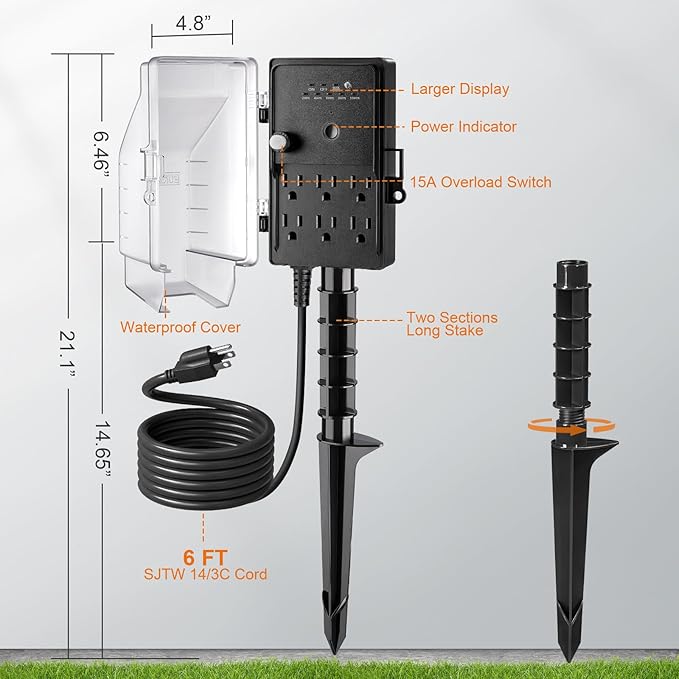 SURAIELEC Outdoor Power Stake Light Timer, Dusk to Dawn, 6 Electrical Outlet Power Strip Weatherproof, 6FT Extension Cord Multiple Outlet for Patio Lights, Sprinkler, Garden, Christmas Decorations