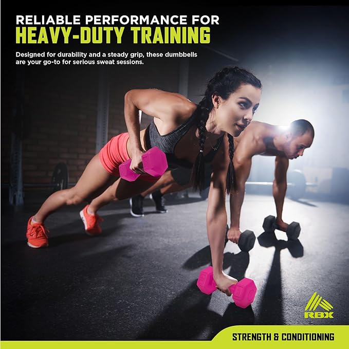 RBX Vinyl Coated Hand Weight Dumbbell Set - Hex Shaped, Roll Free for Body Building/Sculpting/Strength Training Exercise, (Set of 2)