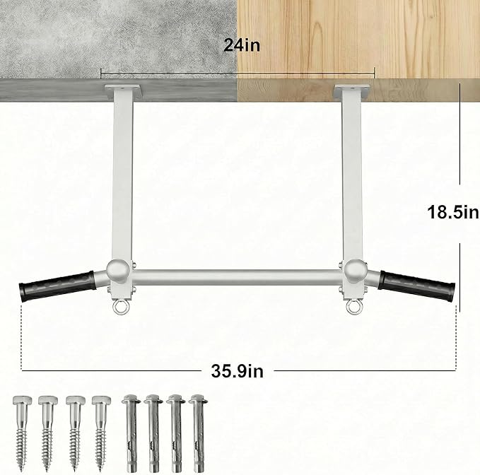 24" Ceiling Mount Pull Up Bar for Garage/Basement/Rafter - Heavy Duty 800LBS Adjustable Height Multi-Grip Chin Up Bar,Ceiling Joist/Beam