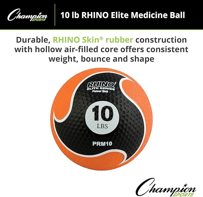 Champion Sports Rhino Elite Medicine Ball – Textured Surface, Superior Grip, Hollow Synthetic Rubber for Consistent Bounce & Durability, Multiple Weights & Colors - Optional Rebounder Sold Separately