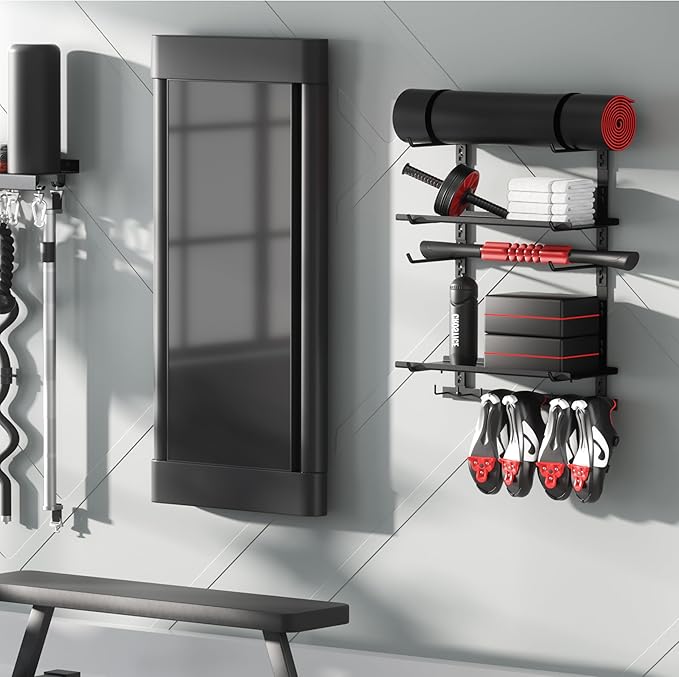 Home Gym Storage Shelf Only, Adjustable Gym Equipment Organizer Wall Mounted with 2 Boards, Yoga Mat Holder, Storage Rack Compatible with Peloton Shoes & Mat, Shelf for Home Training Accessories