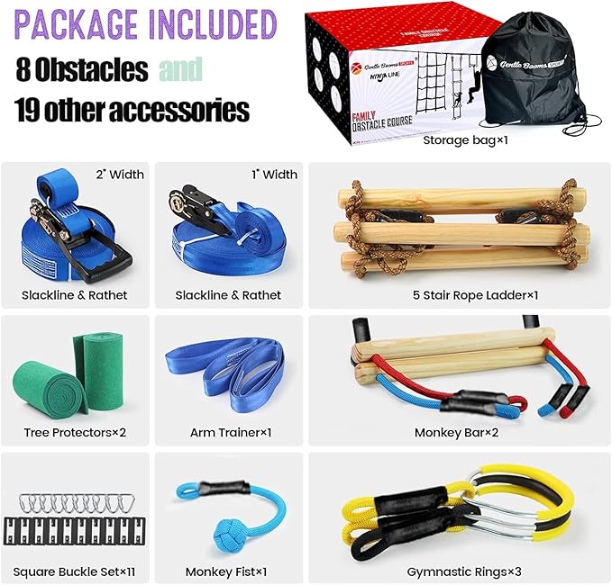 Ninja Warrior Obstacle Course for Kids,2×56ft Slackline Kit with 8 Ninja Accessories+Fast-Setup Buckles- Monkey Bar,Rope Ladder,Gymnastic Ring,Arm Trainer and Monkey Fist,Supports 880 lbs