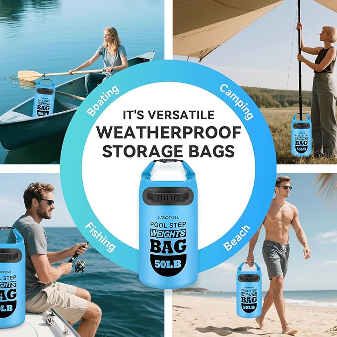 2 Pack 50lb Heavy Duty Pool Ladder Weights, Sand Fillable Universal Sand Bags Step Anchors, 500D PVC Durable Waterproof & Foldable Sandbags for Above Ground Swimming Pools Stair, with Handle(Sky Blue)